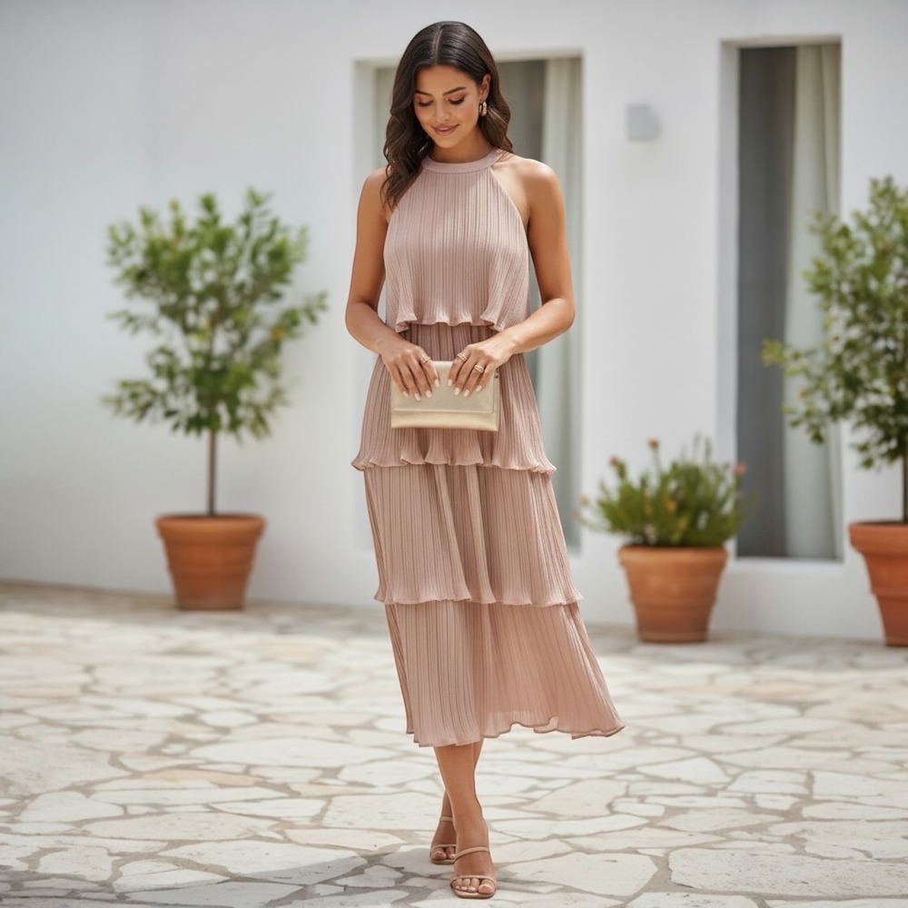 Zesica Pleated Tiered Halter Maxi Dress Blush Pink Boho‎ Wedding Guest Small